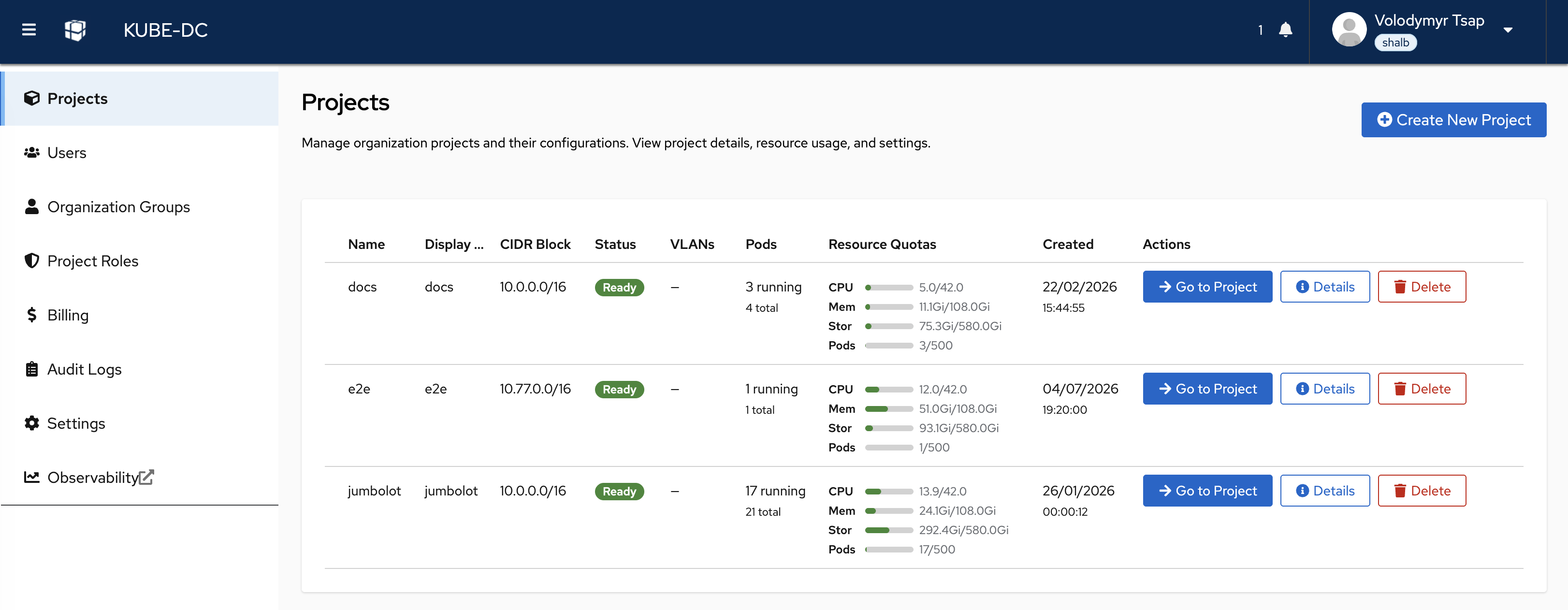 Kube-DC organization Projects list showing Ready state, VPC CIDRs, workload counts and resource quota use