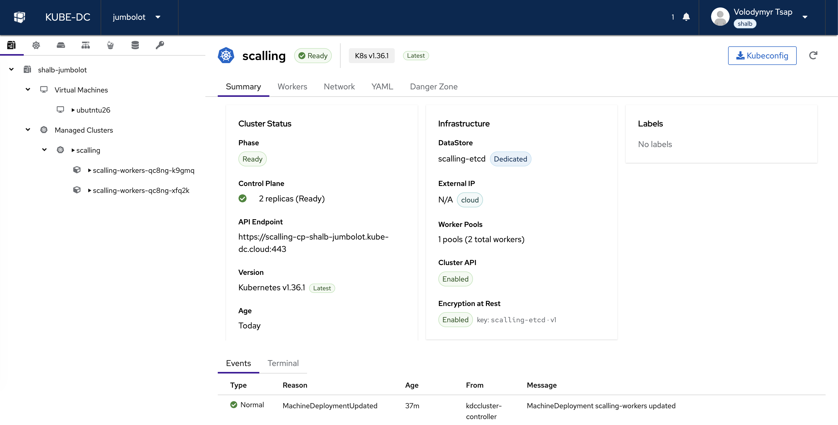 Managed Kubernetes cluster summary showing Ready status, API endpoint, kubeconfig download, control-plane replicas, worker count and encryption-at-rest status