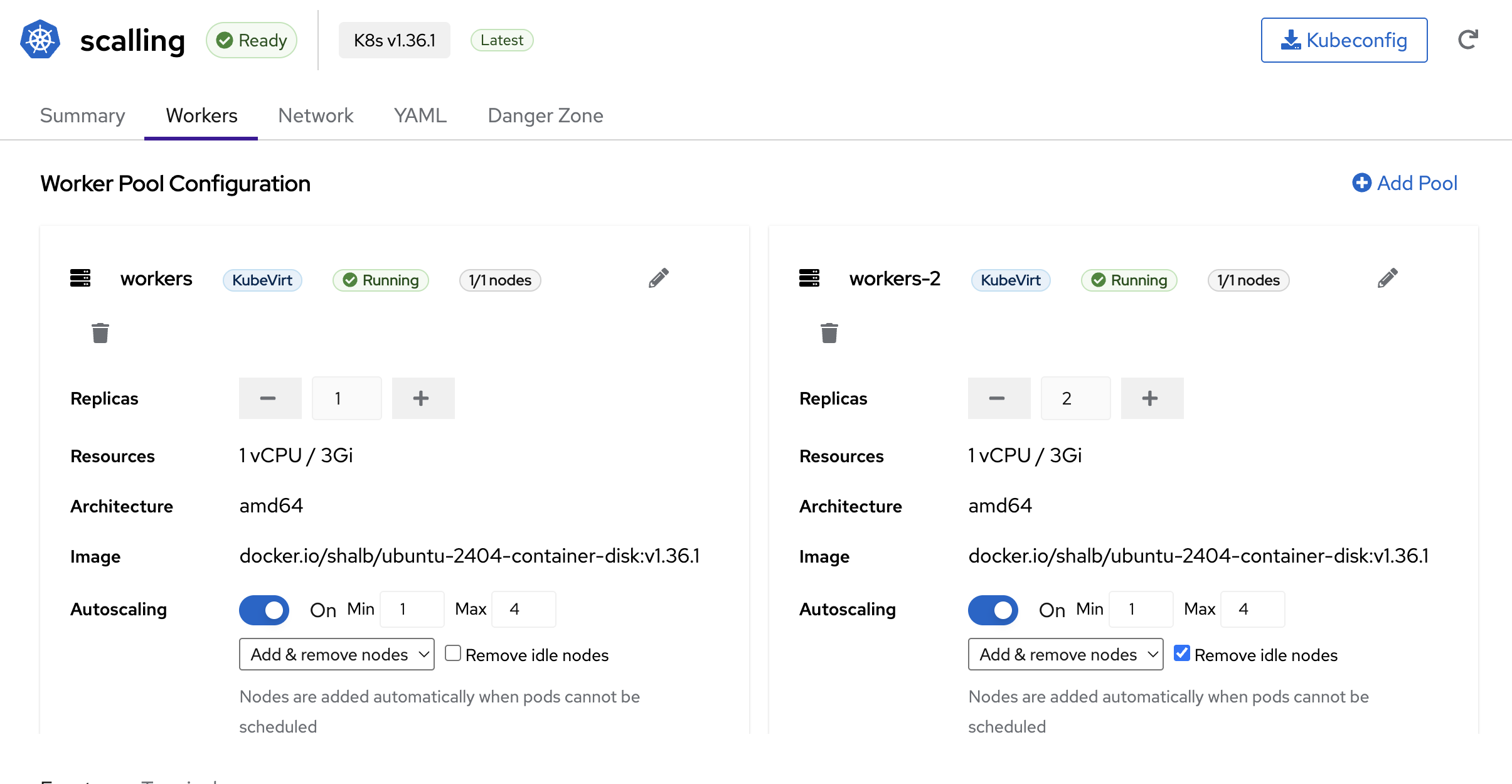 Two Managed Kubernetes worker pools with replica controls and autoscaling enabled between one and four nodes