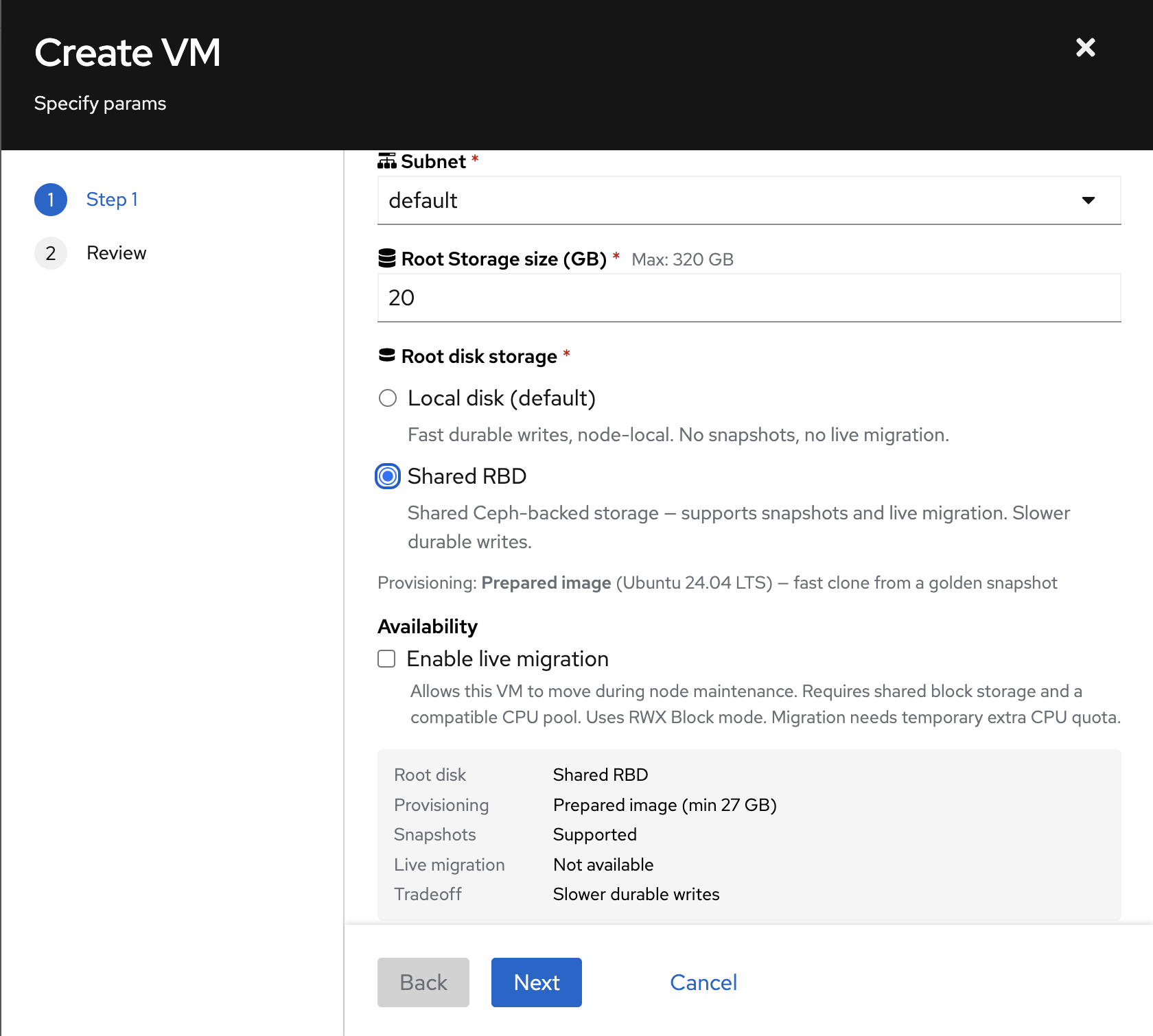 Create VM form showing Project subnet, root disk size, local and shared RBD storage profiles, prepared-image provisioning and live-migration eligibility