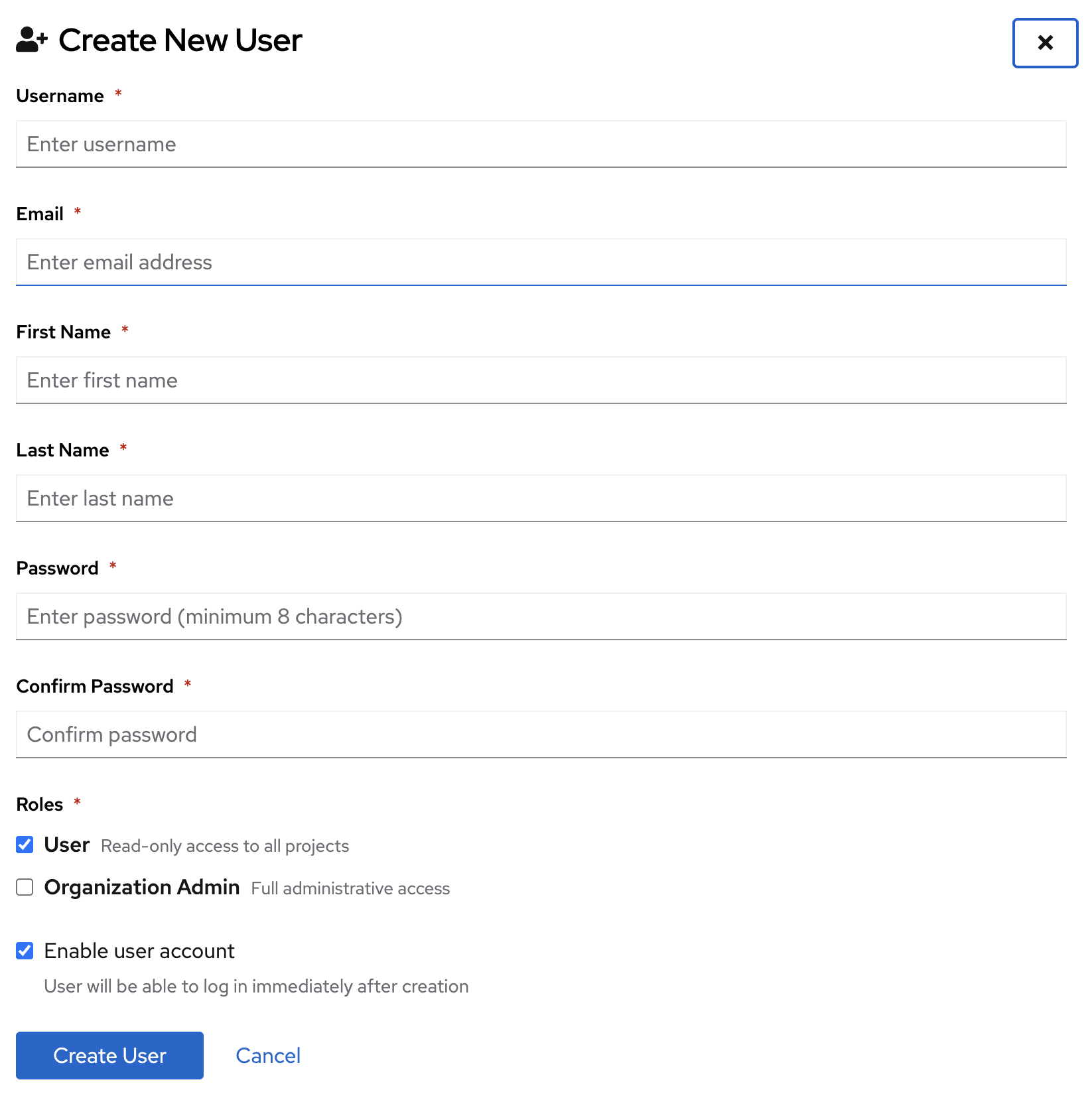 Create new user form