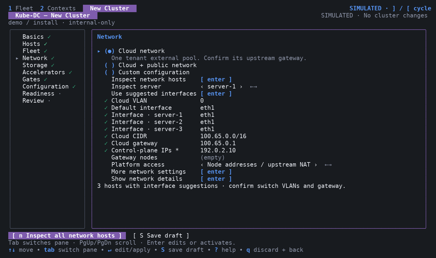 Network choices in the shared New Cluster form. Cloud network is selected, with per-server interface mappings and separate platform access. The values are simulated.