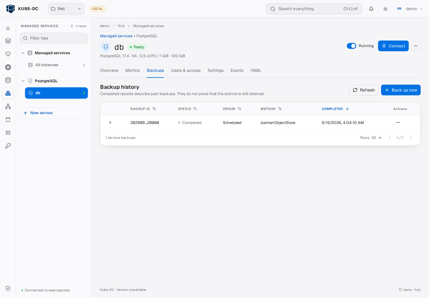 Managed service Backups tab with status, origin, method, completion time, and the Back up now action