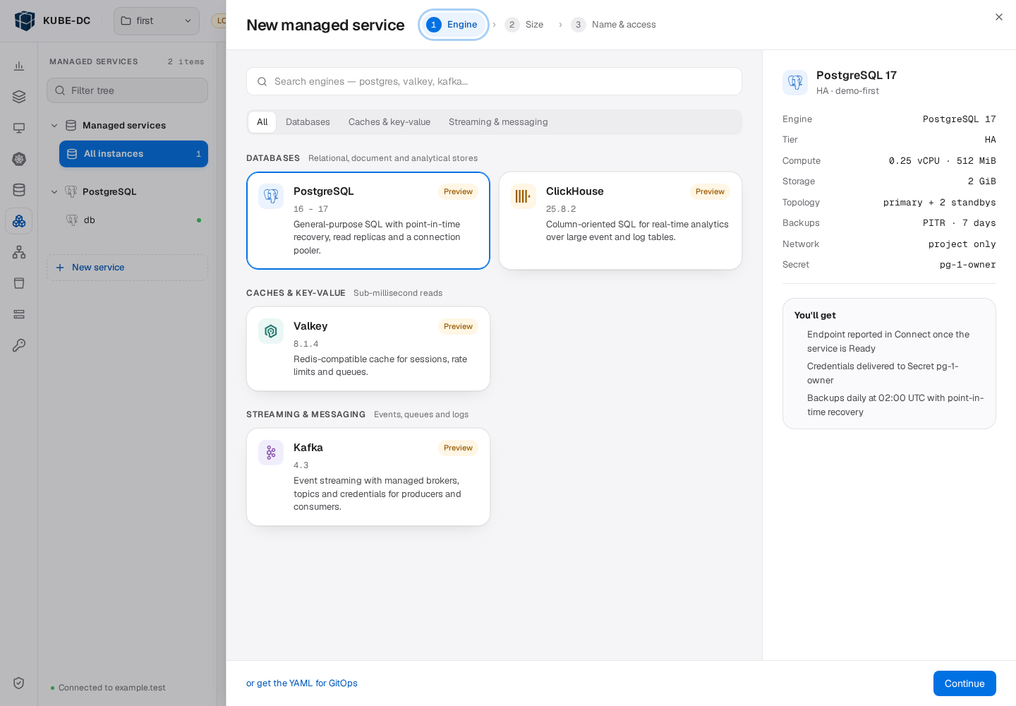 New managed service sheet with service categories and a summary of the selected plan