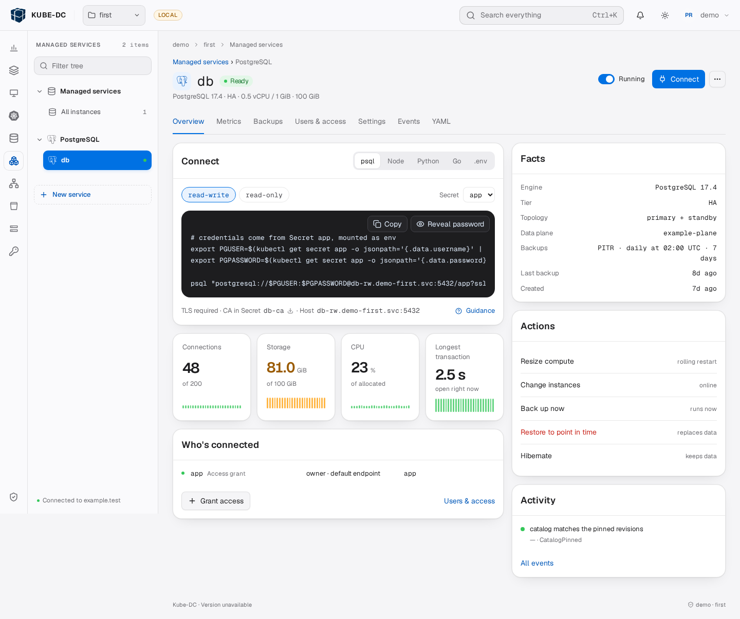 Managed service Overview with connection details, metrics, bindings, and available operations