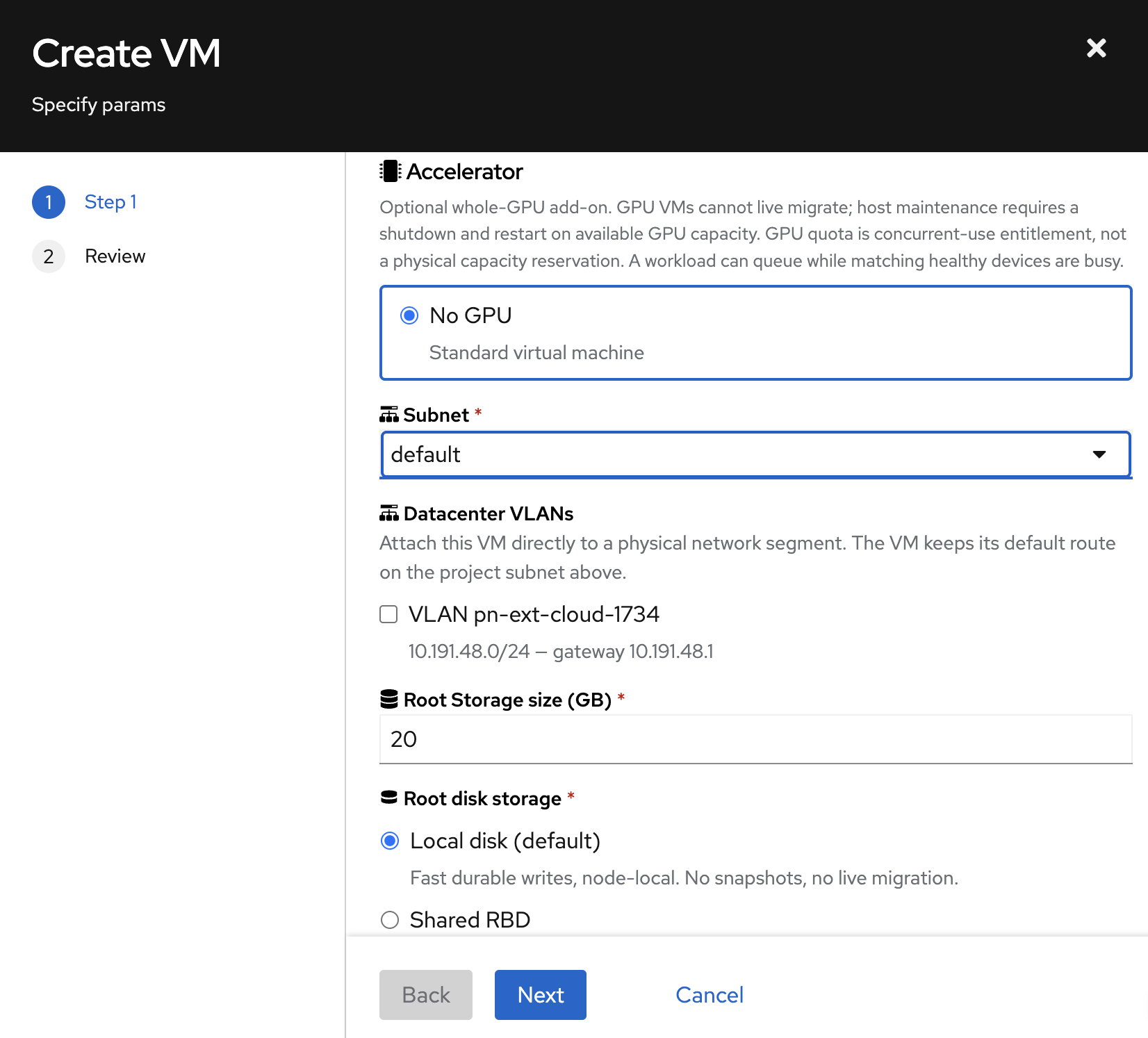 Selecting a datacenter VLAN when creating a VM